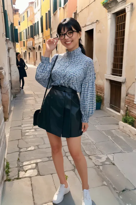 ((wide angle shot, full body shot)) Beautiful female tourist, black hair tied in a ponytail, bangs, wearing large glasses, smiling at the corners of the mouth, ((wearing Minimal dressing style)) morning light, Venice, Italy