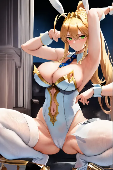 masterpiece, best quality, absurdres, looking at viewer, (light_smile:0.6),
1girl, ahoge, rabbit ears, playboy bunny, artoria pendragon (swimsuit ruler) (fate), large breasts , blonde hair, green eyes, french braid,  pony tail
bare shoulders, large breasts...