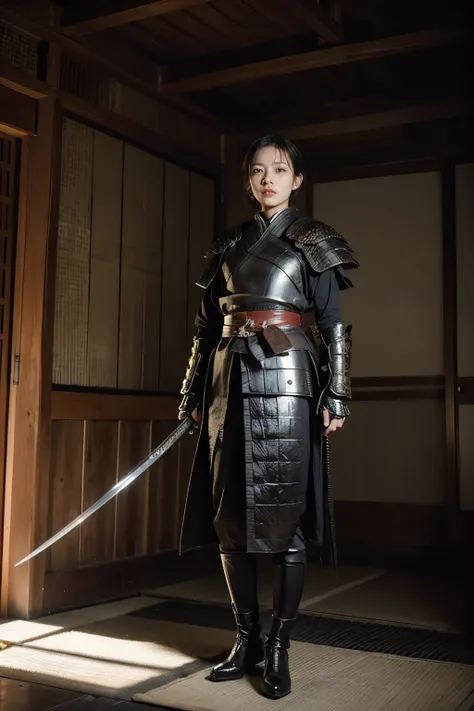 (8K, highest quality, masterpiece:1.2), (realistic:1.4), Raw photo, highest quality, ultra high resolution, best shadow, (full body:1.4), short hair woman, Japanese armor, samurai sword, large scale amazing environment, horror, dark horror, highly detailed...