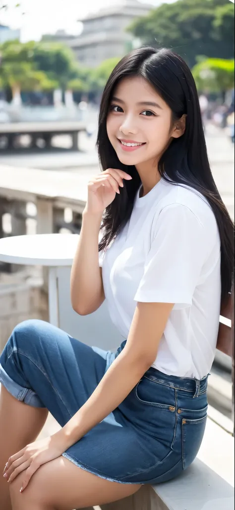 1 girl, indonesian girl, 23 years old, (black hair super-long 1 meters), (very beautiful face, very sweet, sharp eyes like an angel from heaven
), (beautiful hair), actress, smile, shiny skin, best quality, masterpiece, (photorealistic:1.4), terrace seatin...