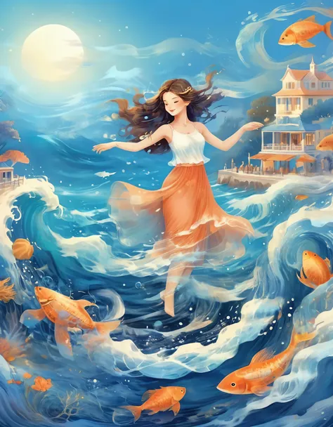 Digital illustration art, a beautiful girl dancing in the waves, twirling, undulating, extra long hair decorated with blue waves, coral, starfish, jellyfish, small fish and other funny illustrations, (full body), her hair consists of many waves and small f...