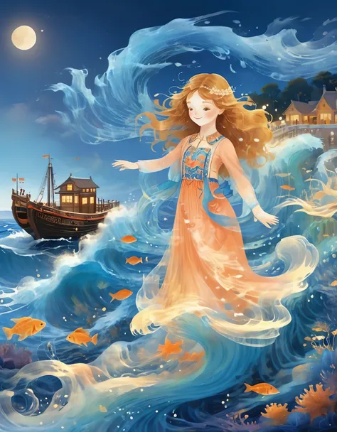 Digital illustration art, a beautiful girl dancing in the waves, twirling, undulating, extra long hair decorated with blue waves, coral, starfish, jellyfish, small fish and other funny illustrations, (full body), her hair consists of many waves and small f...