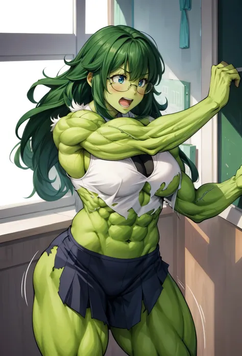 girl,best quality,green skin,hulk girl,blackboard,torn clothes,writing,Glasses , she-hulk, she-hulk, muscular girl, Alternative muscle size, Bulky,Muscle legs,thinking, Portrait shoot,  The art of math, 