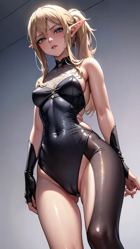 (beautiful detailed eyes,beautiful detailed lips,extremely detailed eyes and face,long legs),(oil painting,highres),(semi-elf),(ash gray color),(sexy pose),(hot background),(blonde ponytail),(vivid colors),(sharp focus),(physically-based rendering)