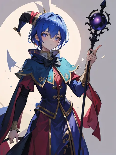 A jester, wearing a cape, holding a staff, looking away from viewer, silhouetted