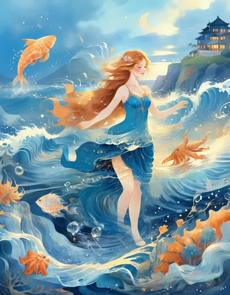 Digital illustration art, a beautiful girl dancing in the waves, twirling, undulating, extra long hair decorated with blue waves, coral, starfish, jellyfish, small fish and other comical illustrations, (full body), her hair consists of many waves and small...