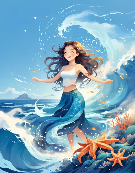 Digital illustration art, a beautiful girl dancing in the waves, extra long hair decorated with blue waves, coral, starfish, jellyfish, small fish and other funny illustrations, (full body), her hair consists of many waves and small fish, starfish, etc., i...