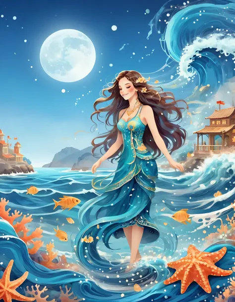 Digital illustration art, a beautiful girl dancing in the waves, extra long hair decorated with blue waves, coral, starfish, jellyfish, small fish and other funny illustrations, (full body), her hair consists of many waves and small fish, starfish, etc., i...