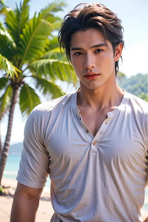 realistic photography, handsome thai man ,beach