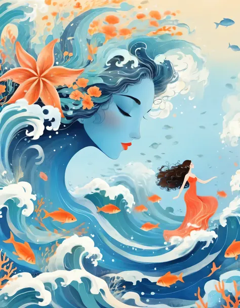 Digital illustration art, a beautiful girl dancing in the waves, extra long hair decorated with blue waves, coral, starfish, jellyfish, small fish and other funny illustrations, (full body), her hair consists of many waves and small fish, starfish, etc., t...