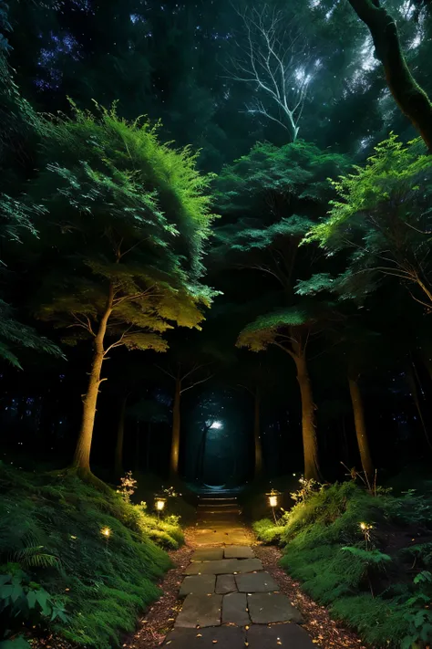 Ultra-detailed, magically enchanting forest scene at night: A profoundly mysterious, dense forest at night comes alive with thousands of twinkling fireflies, casting an ethereal glow upon the emerald moss-covered ground. A hidden, narrow path, shrouded in ...