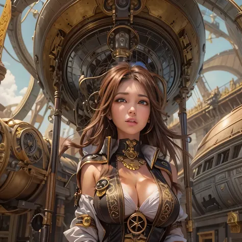 suggestive pose, random hair color, random eye color, Tenebrism art style painting,oil on canvas,(((huge big natural saggy breasts,very noticeable cameltoe))),steampunk airship background scenery,Complete Steampunk Clothes Intricade Details, WLOP, sakimich...