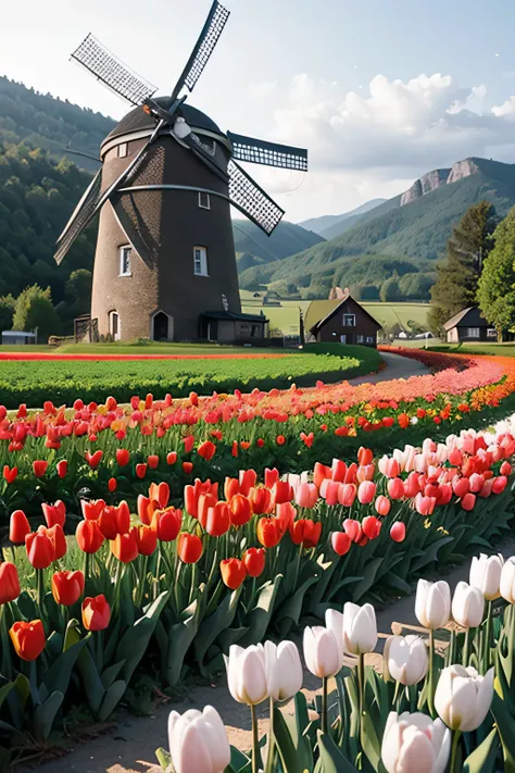 dutch windmill tulip、Tulips are blooming both in the mountains and on the plains....，row by row，One by one，The plains are full of tulips，overlook，far off，real photos，colorful colorful，色彩鲜艳real photos、white、yellow、