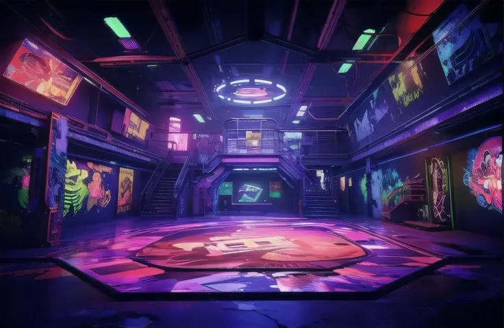 uma sala com luzes neon e um grande tapete no meio, interior of the hall in area 55, boate ciberpunk, cyberpunk garage in Jupiter, cores vibrantes cyberpunk, Cena ciberpunk, cyberpunk with neon lighting, cores cyberpunk coloridas sonhadoras, cyberpunk base...