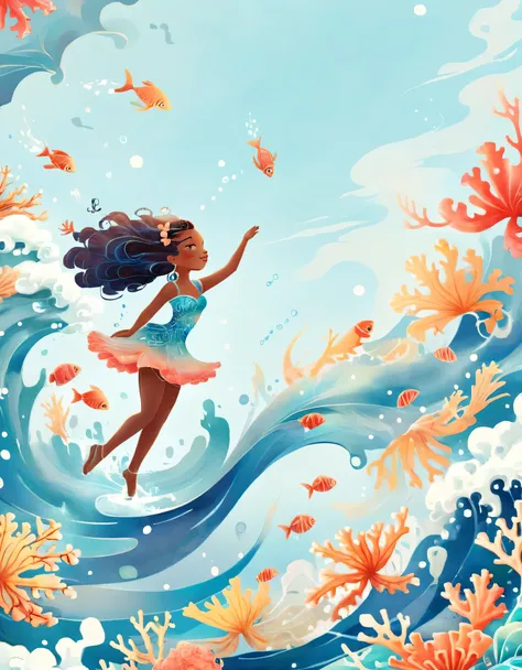 Digital Illustration Art, A comical illustration of a girl dancing with the waves with her extra long head adorned with blue waves, small crabs, coral, starfish, jellyfish, small fish, etc., (full body), her hair consists of many waves and small fish, cora...