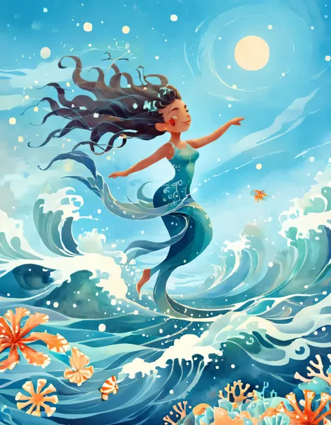 digital illustration art, a comical illustration of a girl dancing with the waves with her extra long head adorned with blue wav...