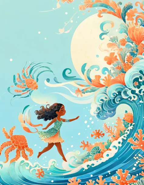 Digital Illustration Art, A comical illustration of a girl dancing with the waves with her extra long head adorned with blue waves, small crabs, coral, starfish, jellyfish, small fish, etc., (full body), her hair consists of many waves and small fish, cora...