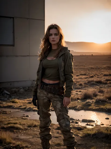 Masterpiece, an ultra hot gorgeous European woman, age23, She’s a playmate and men magazine supermodel. in a post-apocalyptic wilderness (medium shot photo:1.5), military pants, military kaki teeshirt, Badass, post-apocalyptic style, RAW, Dramatic lighting...