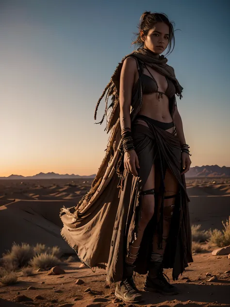 Transitioning to a desert landscape at sunset, a lone figure, a beautiful woman emerges wearing nomadic, post-apocalyptic clothing. Layers of tattered fabric, unconventional accessories, and a weathered look create an aura of survival and resilience.