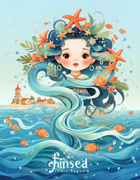 Digital Illustration Art, A comical illustration of a little girls head adorned with coral, starfish, small fish, blue waves, etc., (front), her hair consists of a number of waves and small fish, with the sea and beach in the background, (the background bl...