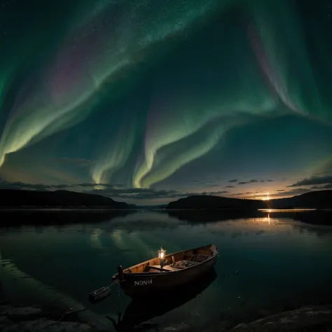 lonely fisherman boat in the middle of a magical lake with bright reflections, com uma lanterna. night scene with magical northern lights. Starry sky