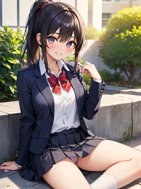 (1) There is a high school girl with beautiful legs., She lifts up her skirt to show off her beautiful bare legs and panties, 
(3) A high school girl wearing a white collared shirt and a navy blue uniform blazer.、The skirt is a mini version of the gray uni...