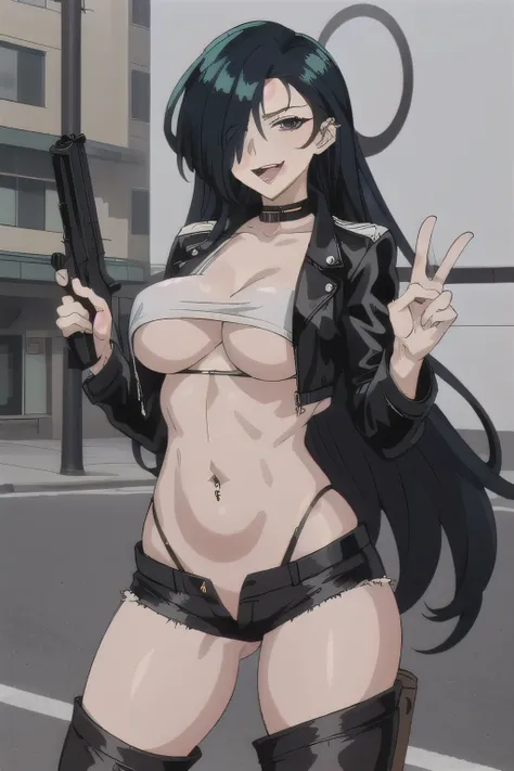 IM, 1girl, solo, hair over one eye, big breasts,  long hair,,  perfect quality, masterpiece, best quality, highly detailed, a girls with a gun, evil smile , open mouth, sexy gaze, badass
pose , evil smile, smile, (nsfw) not safe for work, guns blazing, ani...