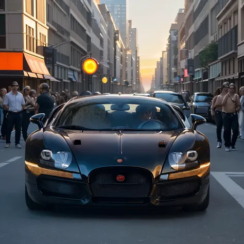 (crowded city street,playful atmosphere,outdoor setting,lively crowd),(luxurious and glossy),Cristiano Ronaldo(car lover,sports icon,superstar athlete),driving his Bugatti Veyron(sleek and stylish,fastest car),with a vibrant sunset as the backdrop,showcasi...