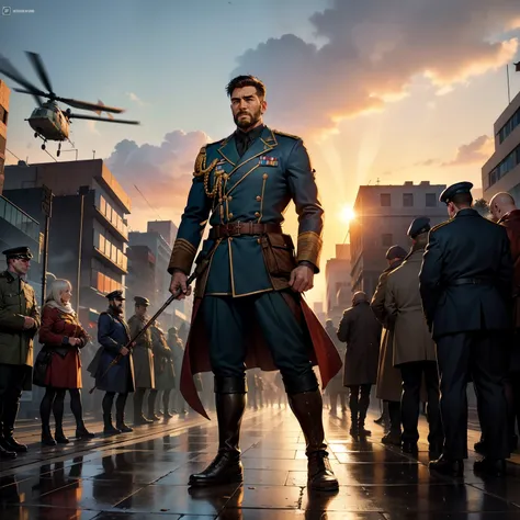 In the heart of a bustling city, a war hero stands tall and proud, his uniform adorned with battleground medals and ribbons. The sun sets behind him, casting a warm, golden glow on his weathered face and stern features. The air is filled with the crisp sce...