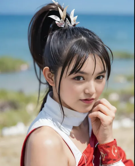 (highest quality:1.2),(perfect beautiful face:1.2),(perfect and beautiful posture:1.2),(japanese woman:1.25), ponytail hair,On the beach of a deserted island, smile, (thick body:1.0),Ultra-high precision photos,clear eyes, (mai shiranui:1.0)