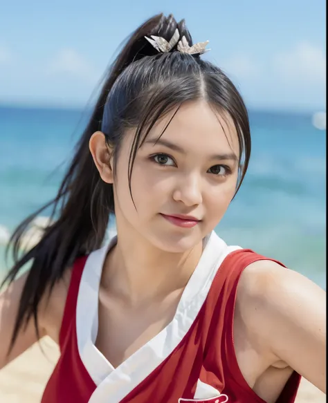 (highest quality:1.2),(perfect beautiful face:1.2),(perfect and beautiful posture:1.2),(japanese woman:1.25), ponytail hair,On the beach of a deserted island, smile, (thick body:1.0),Ultra-high precision photos,clear eyes, (mai shiranui:1.0)