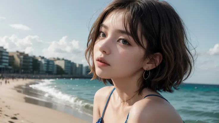 Imagine a portrait of a young woman on the beach, Turn around and look at the camera with kind eyes. her short, Lightly curled hair dancing in the sea breeze.. She wears a delicate, off shoulder peach dress, Add a statement earring to one ear. her expressi...