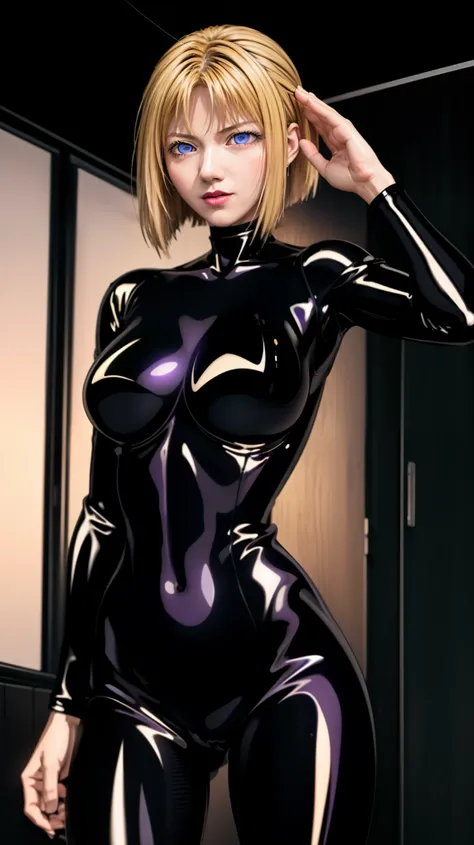 1 girl,NSFW,Kitami Reika, (black bible),blonde hair, short hair, lipstick, compensate, black eyeshadow, smokey eyes, fine hair, super detailed face, blue eyes, perfect eyes, perfect face,, clavicle, absurd, brainwashing,empty eyes,((purple glowing eyes 1.5...