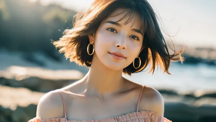 Imagine a portrait of a young woman on the beach, Turn around and look at the camera with kind eyes. her short, Her slightly curled hair dances in the sea breeze.. She wears a delicate, off-shoulder peach dress, Complement with statement earrings on one ea...