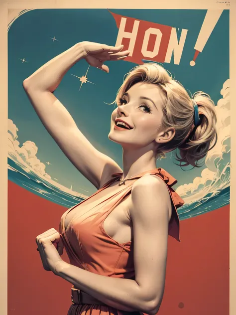 1950s style advertising poster, limited colour palette, showing Helen Skelton, hair in ponytail, happy expression, looking up into the sky, low-cut 1950s dress, aureoles, naked, saluting, one hand on hip, 1950s style rocketship 