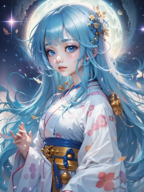 outer space、Light、Bangs are thick、Beautiful woman with long straight blue hair、shrine maiden