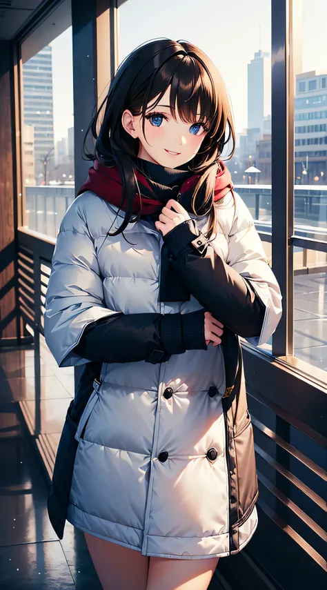 (high quality, High resolution, small details), (((Winter clothes))), urban background, modern architecture, stylish accessories, Stunning hairstyle, Natural light, impressive pose, alone, woman, sparkling eyes, (fine eyes), smile, , oily skin, 