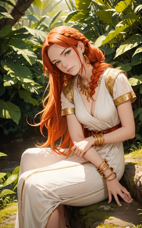 Flamme, (young Lena Headey:Evangeline Lilly), A 35-year-old woman with orange hair, green eyes, sideburns, one large braid, a gold necklace with a ruby pendant, dressed in a white Greek tunic and Roman sandals, with gold bracelets on her arms, forest in th...