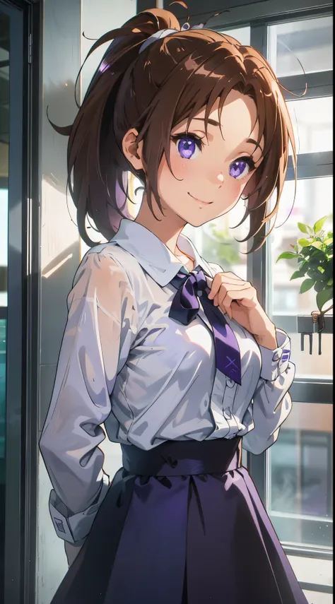 1 girl、(perfect face)、brown hair ponytail、beautiful purple eyes、Clothes based on white color、blue skirt、comfortable、Calm、indoor、Morning Cafe、Shiny and smooth skin、evil smile、expressive eyes, cute,