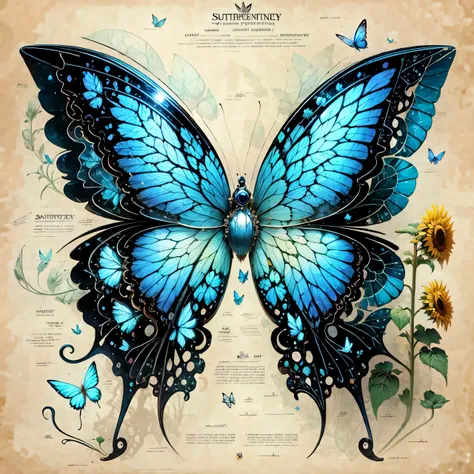 blue transparent wings，sunflower under the butterfly，there is another book