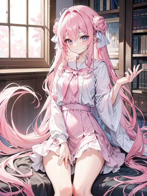 Light pink hair curtain，Long pink hair exudes light，Detailed description of hair，light pink eyes，Hair a little messy，White with blue sailor suit，breast protrusion，One hand pulls up the hair curtain，In the library，sit on the chair，，Next to the window，sunlig...