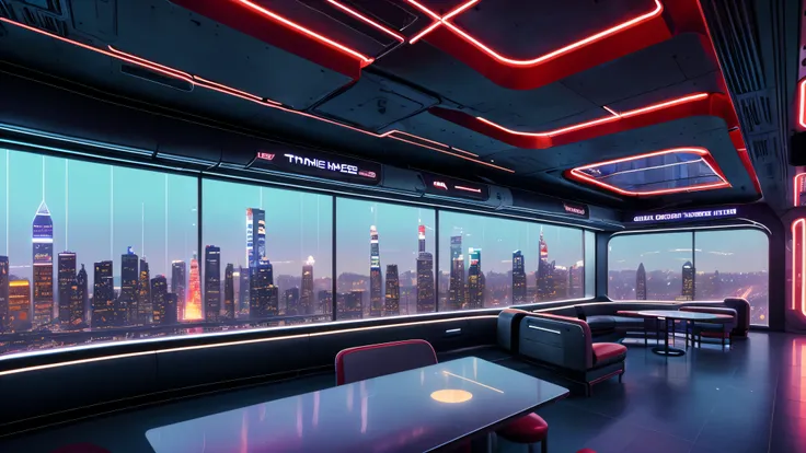 Urban landscape photograph of ( A futuristic space station, with gleaming metal halls and neon-lit cafes) ultra-realistic, by thomas cole, cinematic, atmospheric, composition, cityscape, sense of wonder, 8k