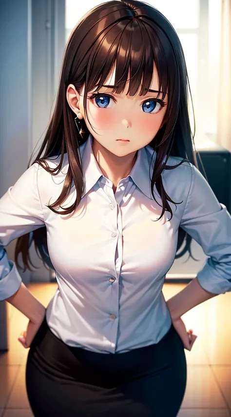 (high quality, High resolution, small details, realistic), ((((puff out your cheeks)))), put your hands on your hips, lean forward, alone, woman, ((office lady)), sparkling eyes, (fine eyes), anger, blush, shallow depth of field