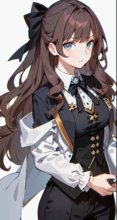 masterpiece, (((highest quality)))), ((super detailed)), ((illustration)),
(((simple_background))),
1girl, (((large_breasts))), brown_hair, (long_hair), (((wavy_hair))), (((fluffy hair))), dark_blue_eyes, clavicle, whit_suitcoat, [smug], frown, dangerous, ...