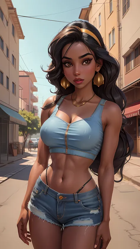 jasmine, 1girl, crop top, denim shorts, street, power lines,, masterpiece, best quality, highly detailed, large breasts
