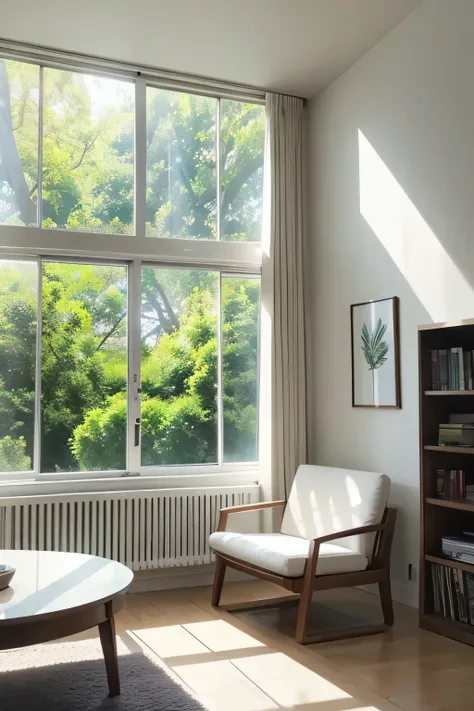 anime style illustration, wide window, large living room, white wall, Morning light, large living room, white round table, 2 white chairs, Calm time, tree outside the window々, sunlight filtering through the trees