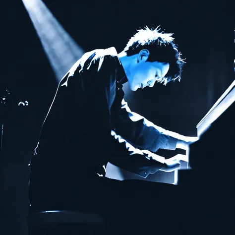 Man Playing the Piano。monochrome。jazz 。intense stage light。passion。Sense of urgency。green。