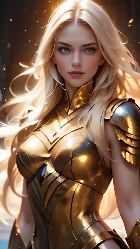 blonde with long hair in golden armor