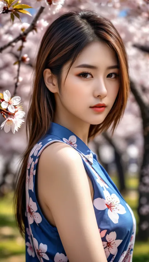 1girl, beautiful girl, sleeveless, oversize shirts, outdoors, Cherry blossom trees in full bloom, Depth of field, shy, upper body, 8k, sharp, HDR, intricate details, detailed face, detailed eyes, detailed skin, extreme realistic