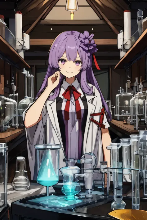 1girl,Patchouli Knowledge,touhou project, violet eyes, standing, hand on own chin, looking at object, smile, closed mouth, table, beaker, glass tube, experiment apparatus, dark room, laboratory